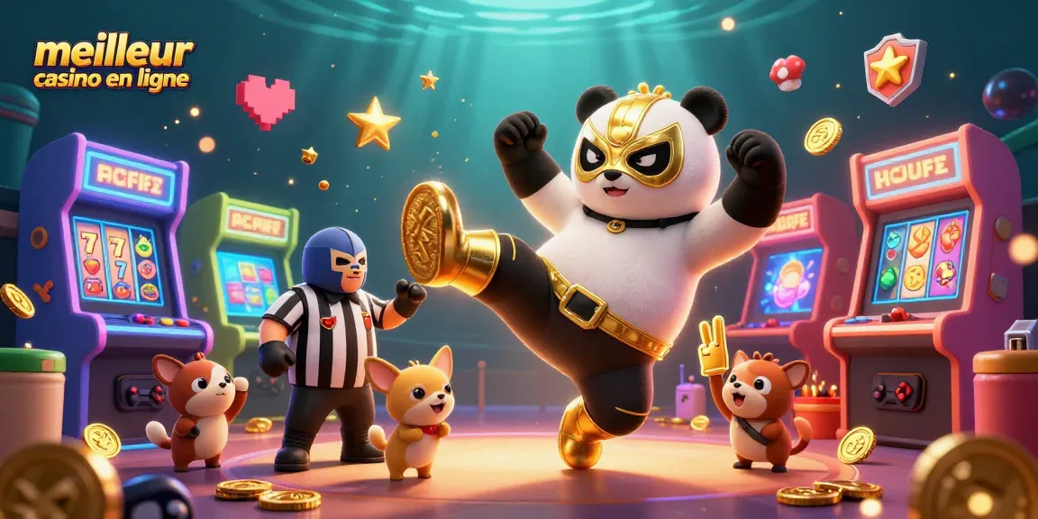 Illustration animée vibrante représentant le meilleur casino en ligne avec un panda et un chihuahua en action.