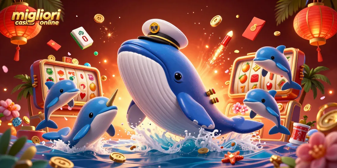 Gioca nei migliori casino online con una scena animata di balena, narvalo e delfini tra le monete d'oro.